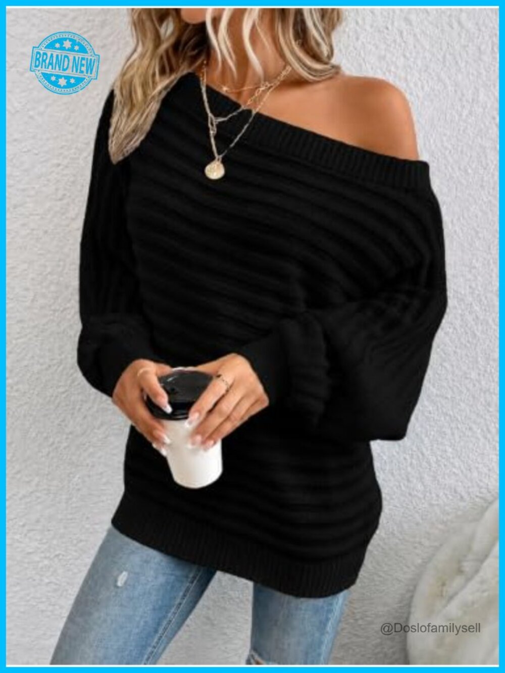 Off-Shoulder Oversized Ribbed Knit Pullover Sweater